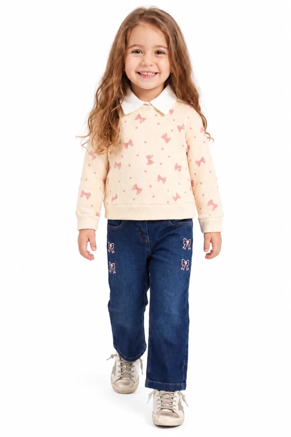 Girls' 3-Piece Sweater Set with Denim Trousers - Cream - Has Bereket - by Peralane