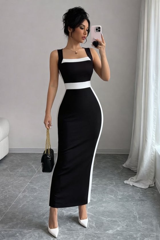 Women's Sleeveless Color-Block Maxi Dress with Geometric Neckline - Janes - by Peralane
