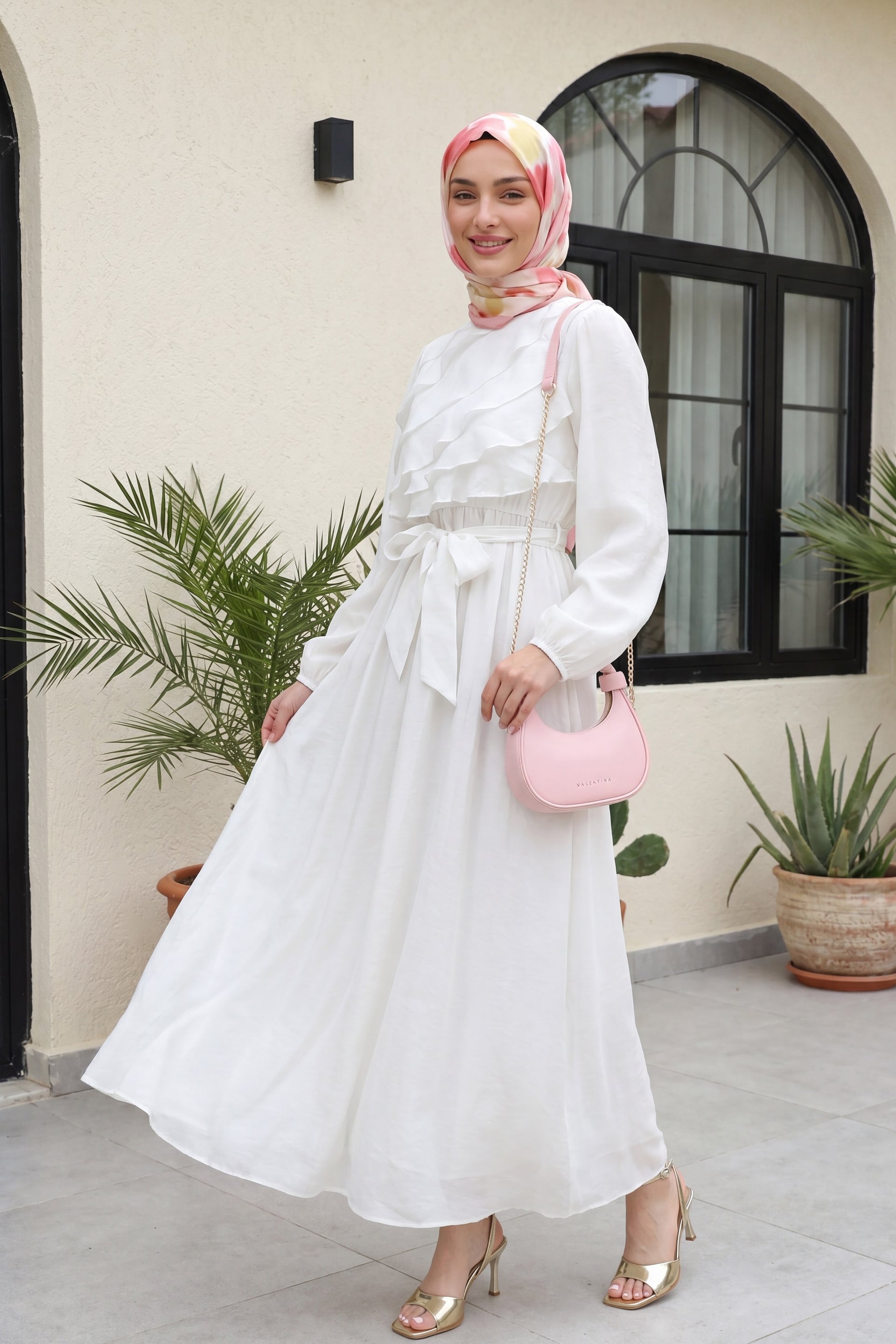Belted Ruffle-Front Balloon Sleeve Lined Chiffon Dress - Ecru - Podyumplus - by Peralane - photo 4
