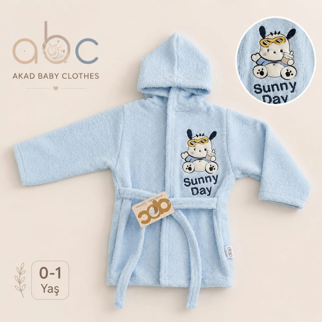 Baby Terry Bathrobe with Hood and Embroidery - Light Blue (Pack of 4) - Has Bereket - by Peralane