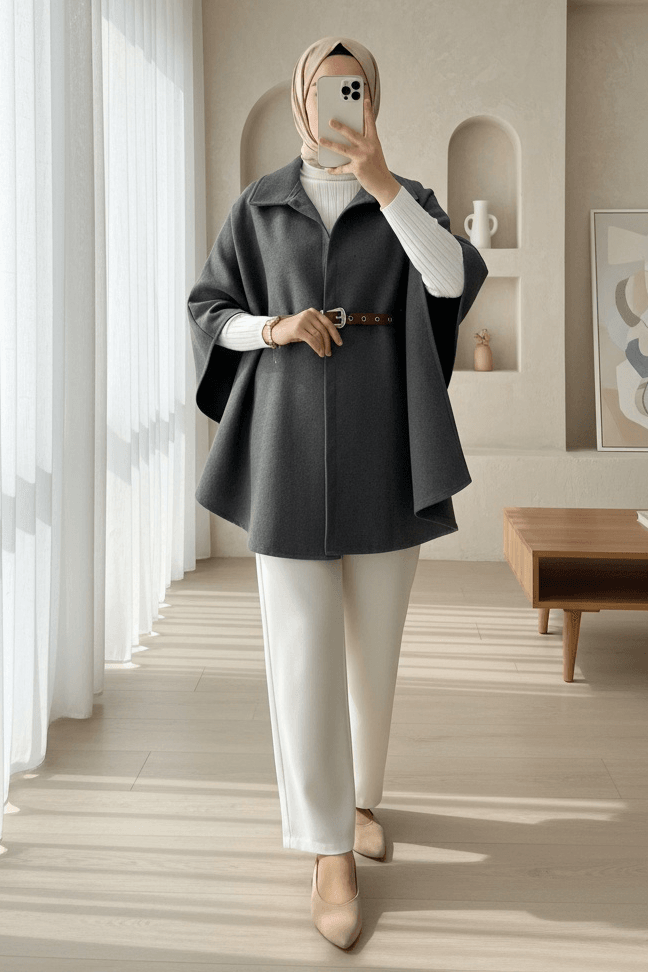 Women's Wool Blend Cape with Belt - Smoke Grey - Podyumplus - by Peralane