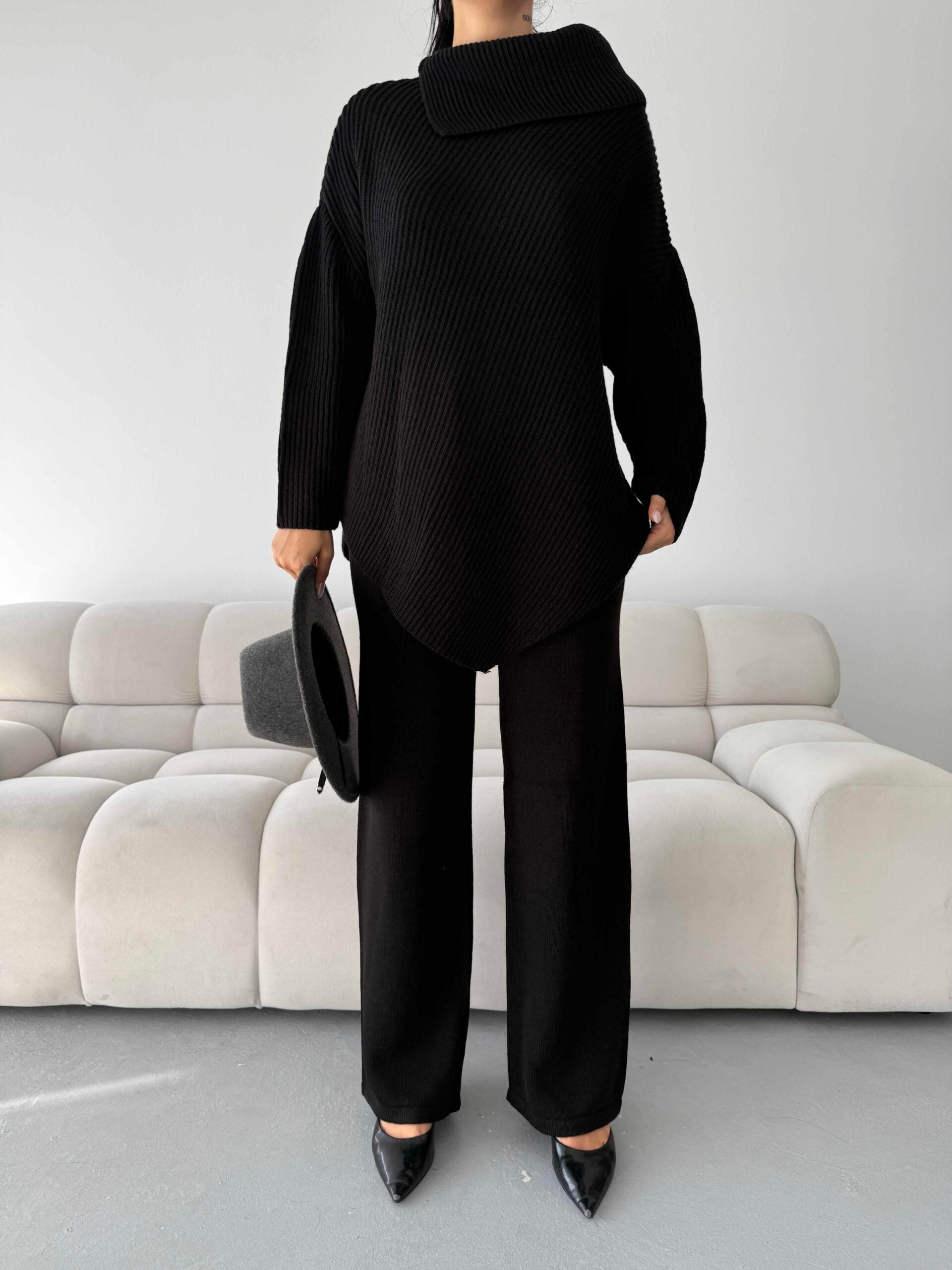 Black Ribbed Knit Sweater and Trousers Set - My Bee - by Peralane - photo 4
