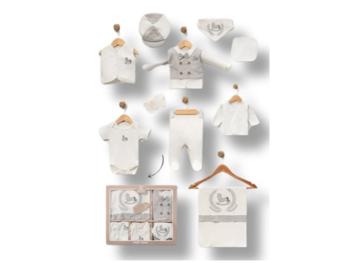 Boys Newborn Hospital Exit Set with Horse Embroidery - Light Grey - Baby Zuhu - by Peralane
