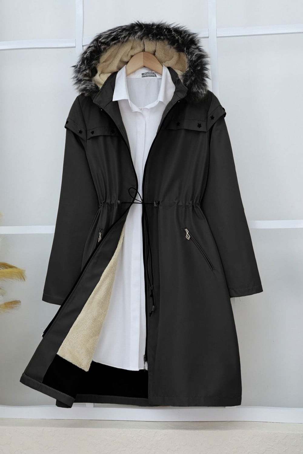 Black Hooded Drawstring Waist Coat with Faux Fur Trim - Podyumplus - by Peralane - photo 5
