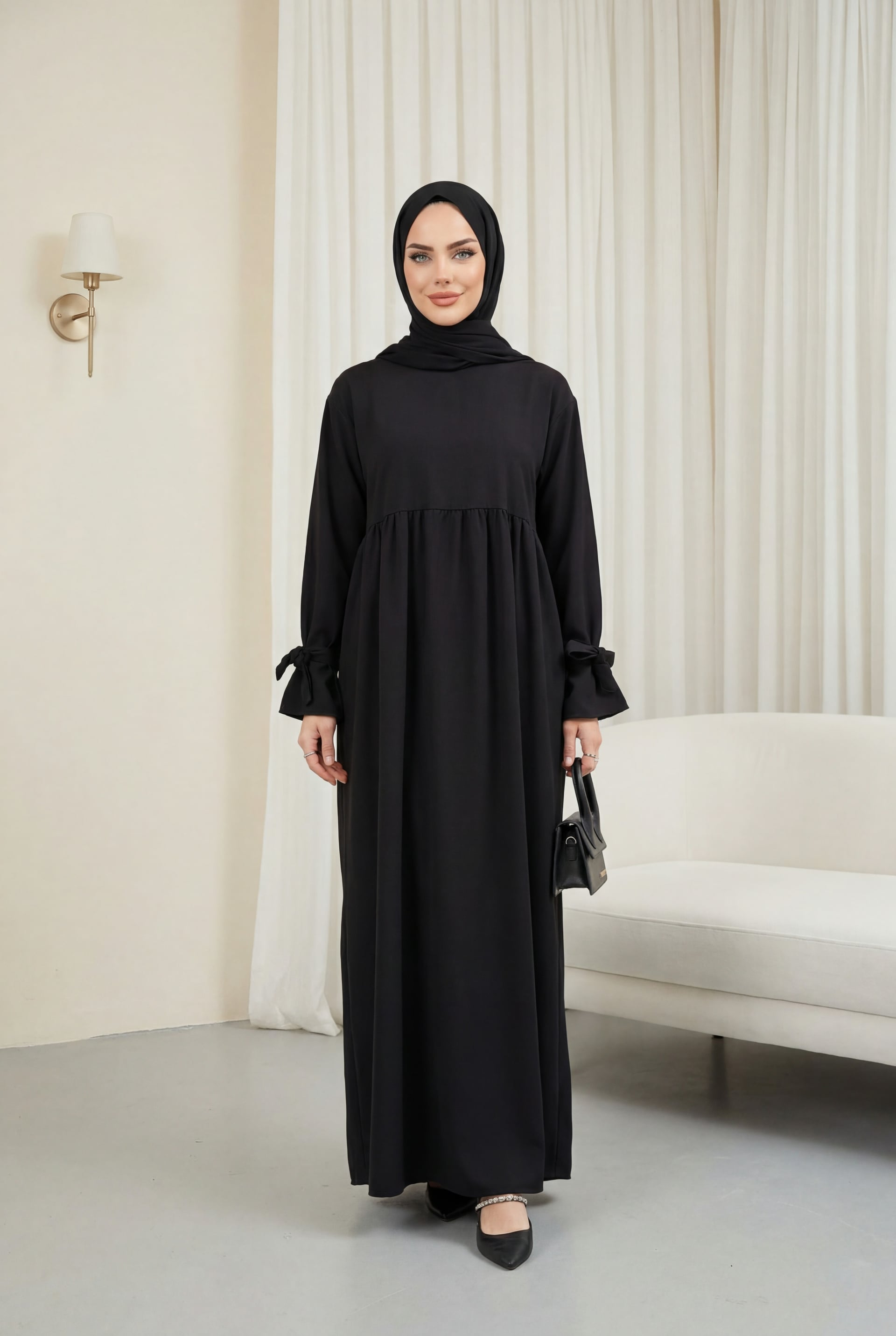 Long Sleeve Tie-Cuff Layered Maxi Dress in Black - Podyumplus - by Peralane