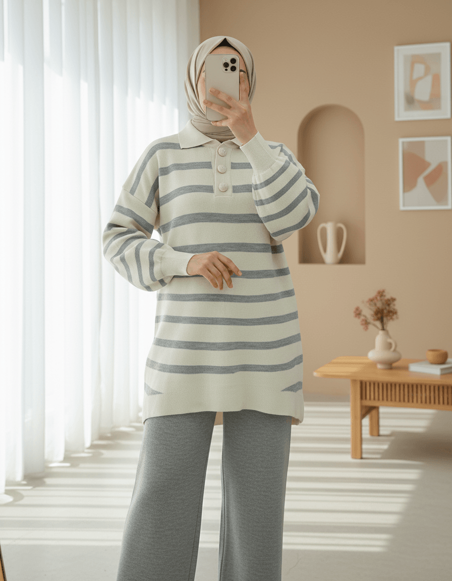 Polo Collar Striped Knit Lounge Set - Grey - Podyumplus - by Peralane - photo 2