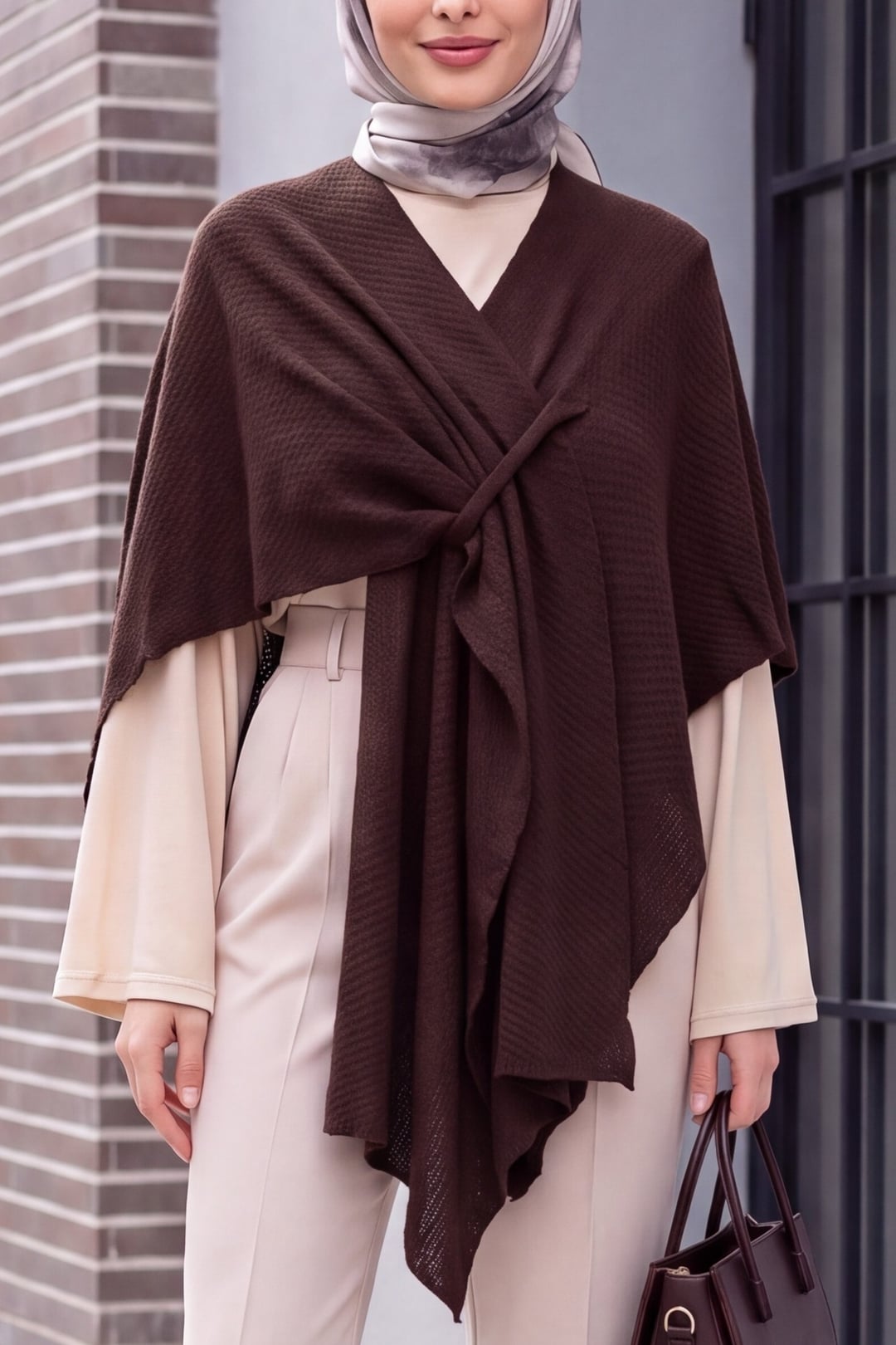 Relaxed Fit Everyday Knit Poncho - Brown - Podyumplus - by Peralane