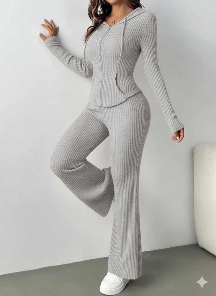 Women's Long Sleeve Hooded Zip-Up Blouse and Flared Trousers Two-Piece Set - Janes - by Peralane