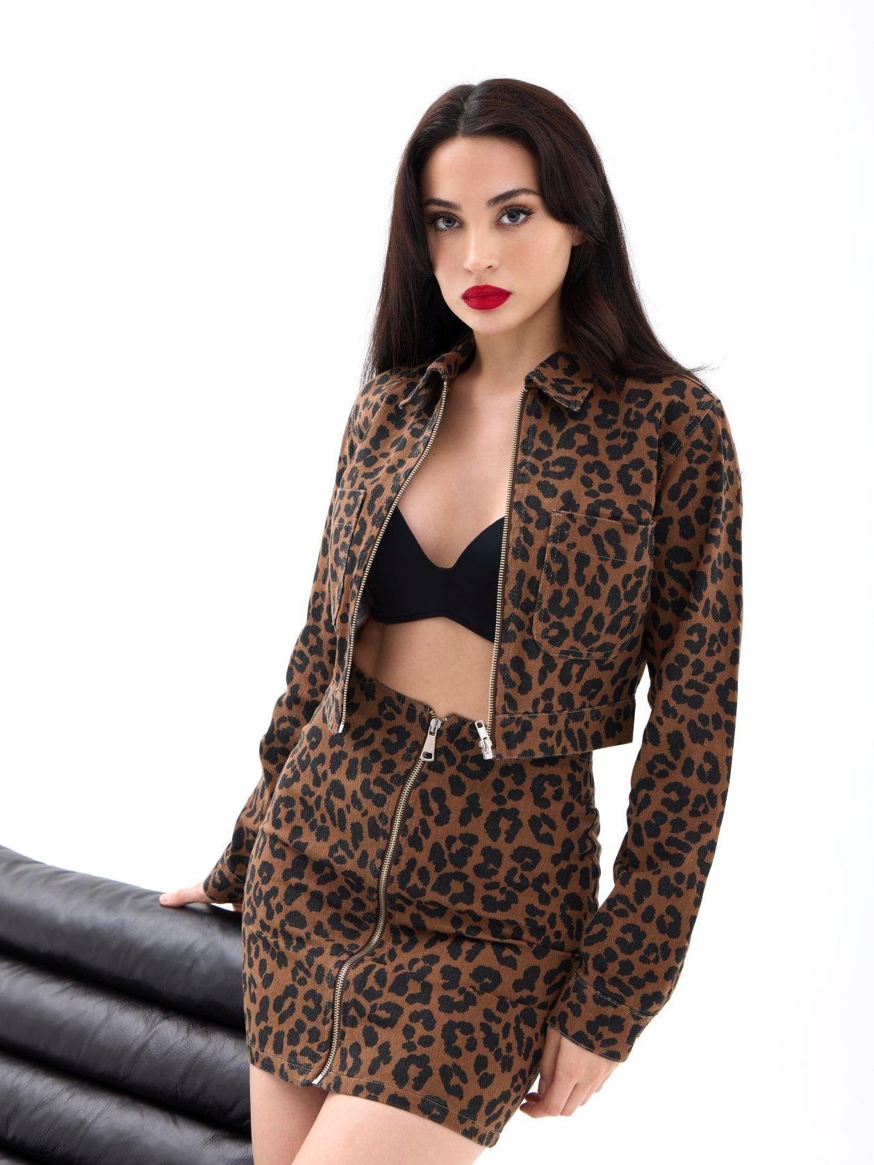 Women's Brown Leopard Print Co-ord Jacket and Skirt Set - Fame - by Peralane - photo 2