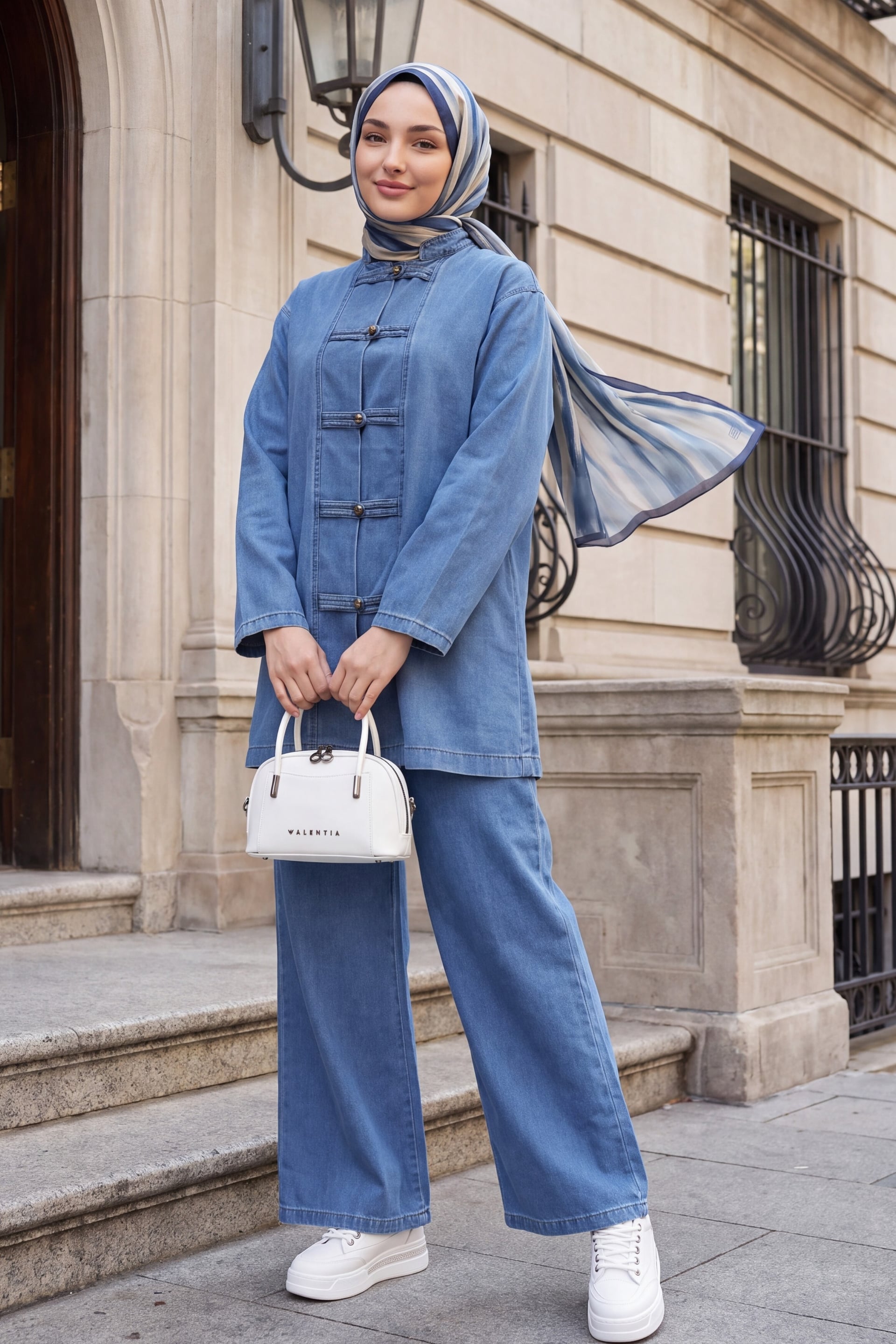 Blue Denim Mandarin Collar Tunic and Wide-Leg Trousers Set - Podyumplus - by Peralane - photo 5
