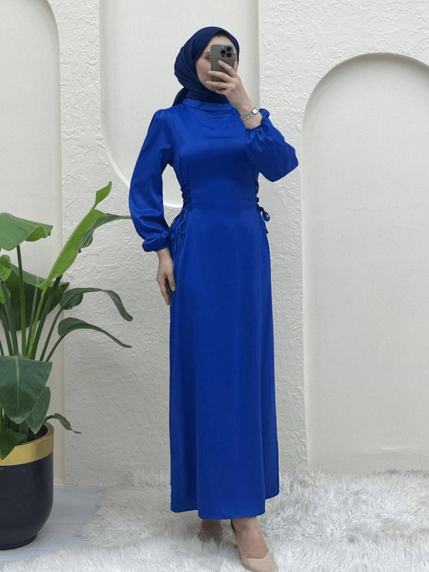 Satin Dress with High Neck, Side Ties and Elastic Cuffs - Saks - Podyumplus - by Peralane - photo 2