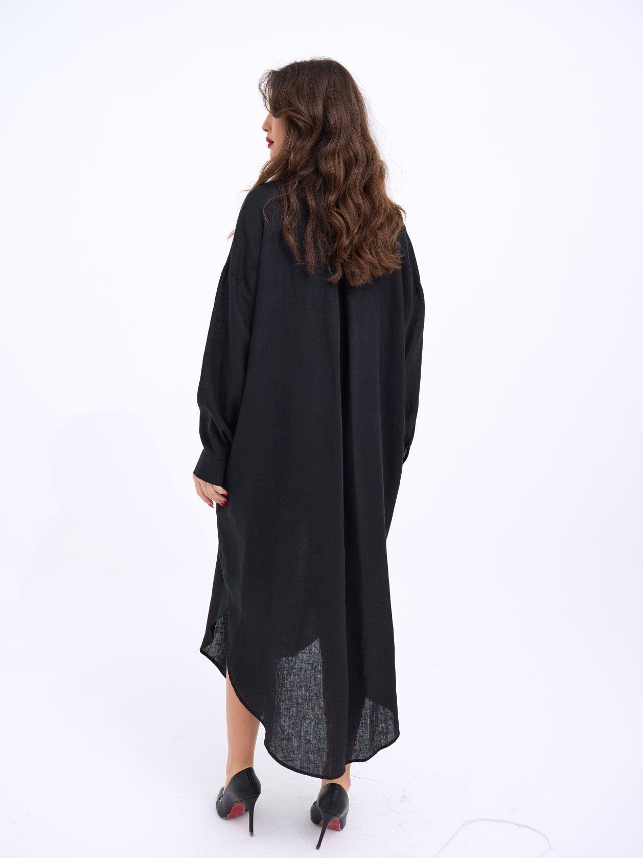 Black Linen-Blend Shirt Dress with Collar and Chest Pocket - Fame - by Peralane - photo 2