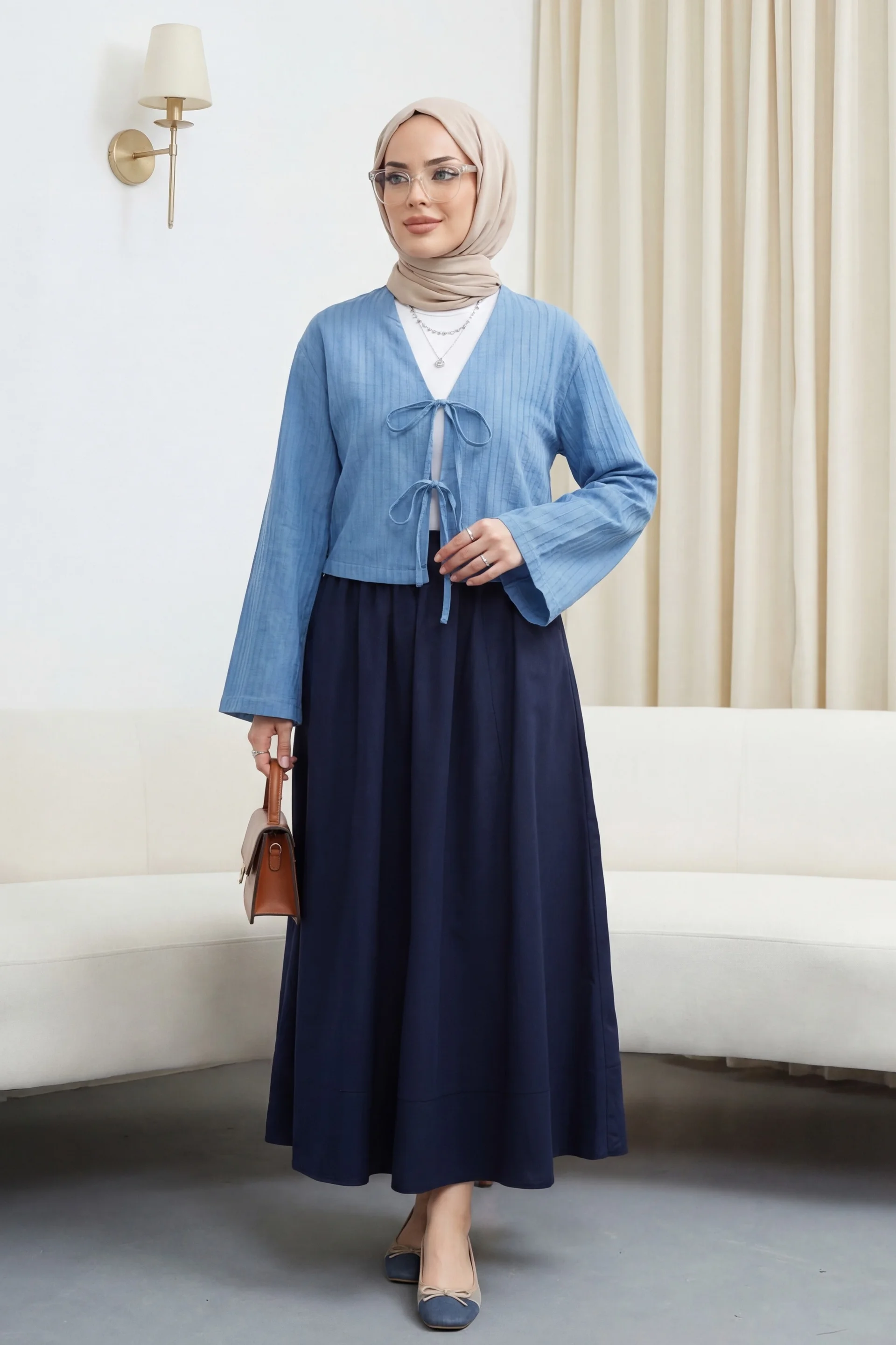 Light Blue Ribbed Cardigan with Front Ties - Podyumplus - by Peralane - photo 2