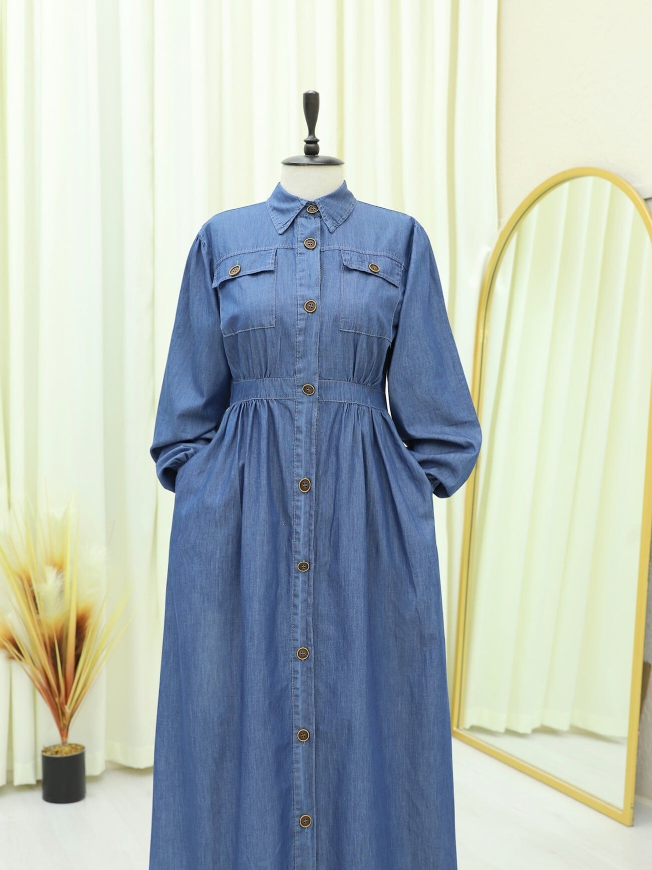 Blue Denim Dress with Elastic Cuffs and Full Button Front - Podyumplus - by Peralane - photo 7