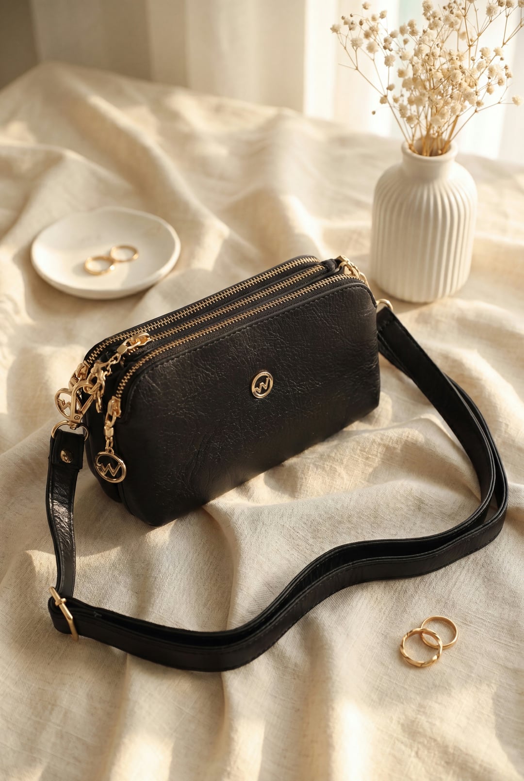 Three-Compartment Crossbody Bag - Black - Podyumplus - by Peralane