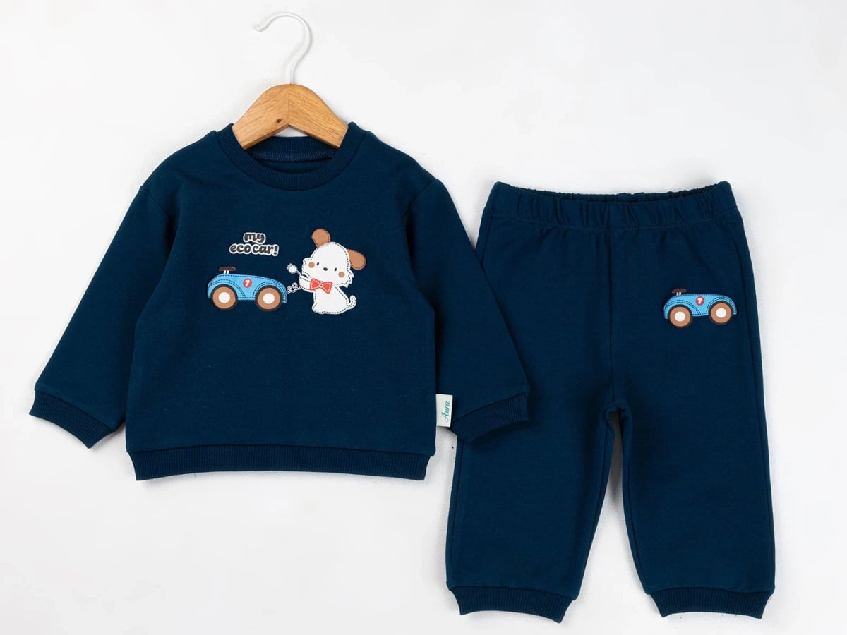 Navy Blue Baby Boy Set with Bear and Car Print - Comix - by Peralane