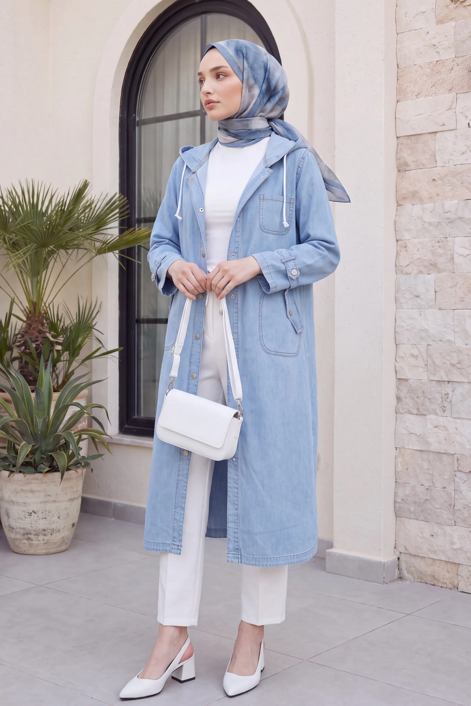 Long Denim Jacket with Hood - Light Blue - Podyumplus - by Peralane - photo 3