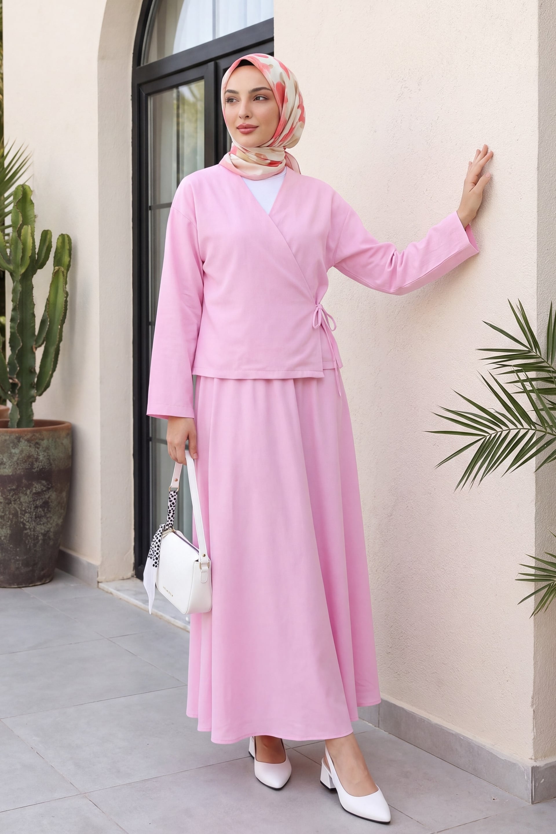 Side-Tie Skirt Linen-Look Modest Set - Powder - Podyumplus - by Peralane