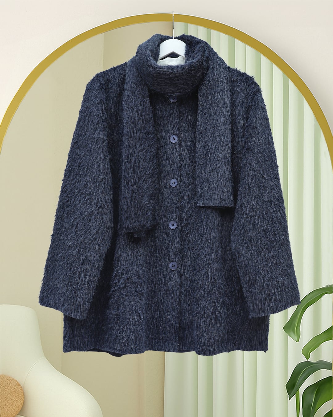 Scarf Detail Button-Front Fuzzy Cardigan - Dark Navy - Podyumplus - by Peralane