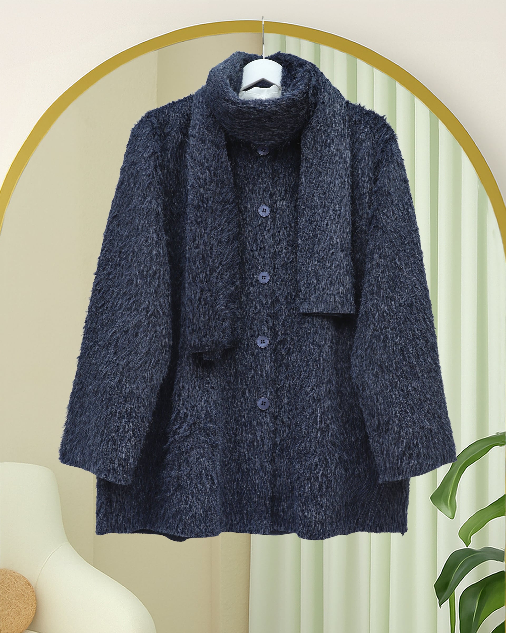 Scarf Detail Button-Front Fuzzy Cardigan - Dark Navy - Podyumplus - by Peralane
