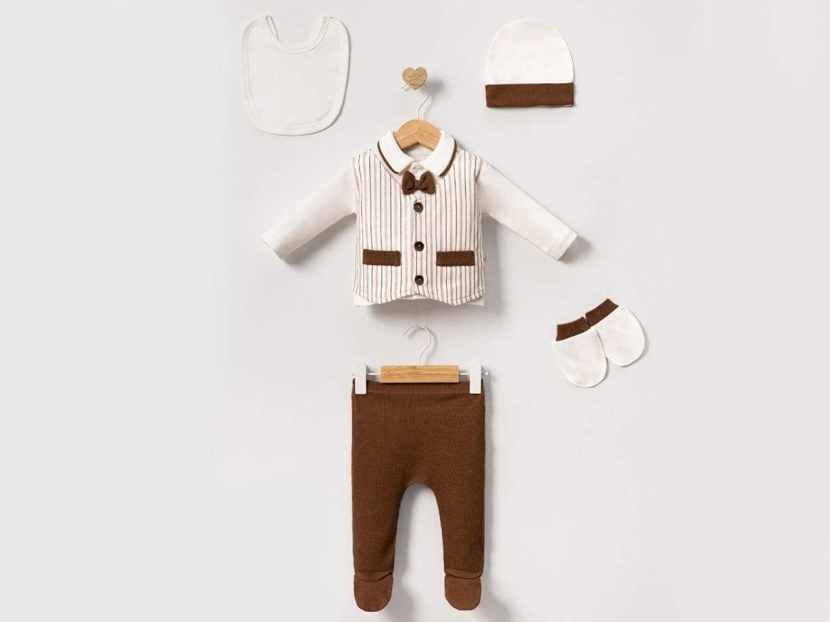 Bow Tie Detail 5-Piece Boys Newborn Bodysuit Set - Brown - Cayzen - by Peralane