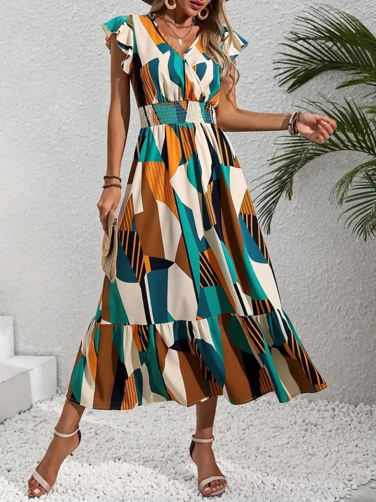 Women's Short Sleeve Wrap Neck Smocked Waist Printed Maxi Crepe Dress - Janes - by Peralane - photo 6