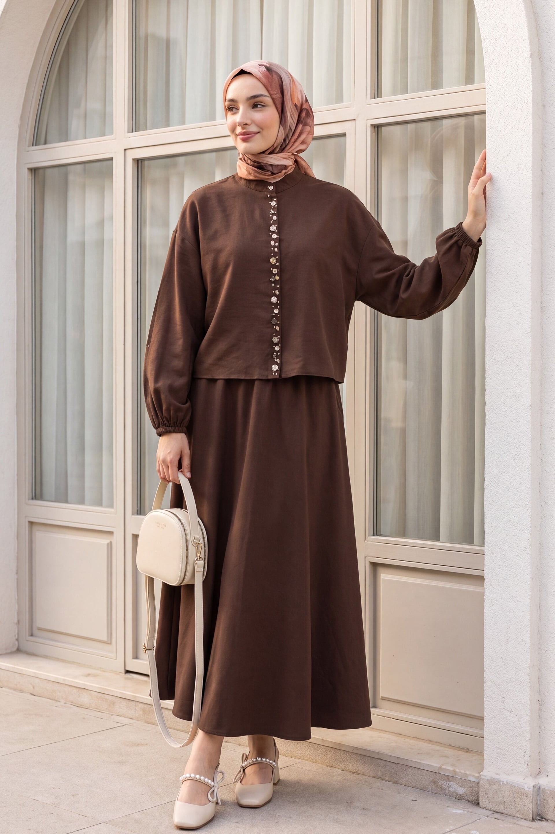 Women's Brown Two-Piece Set with Pearl Buttons and Midi Skirt - Podyumplus - by Peralane - photo 2