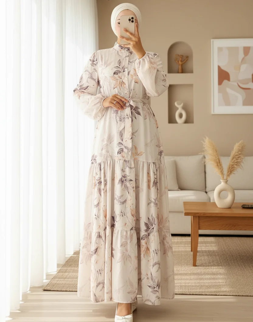 Women's Patterned Long Modest Dress 2586 - Cream - Bigdart - by Peralane - photo 2