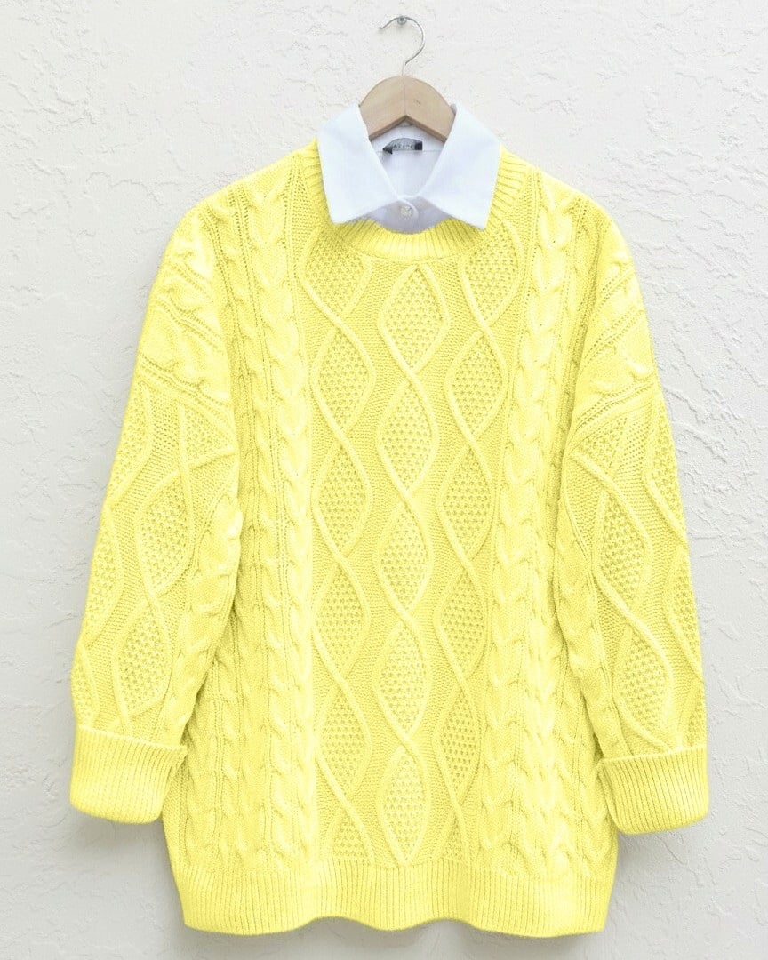 Yellow Cable Knit Sweater with Crew Neckline - Podyumplus - by Peralane - photo 3