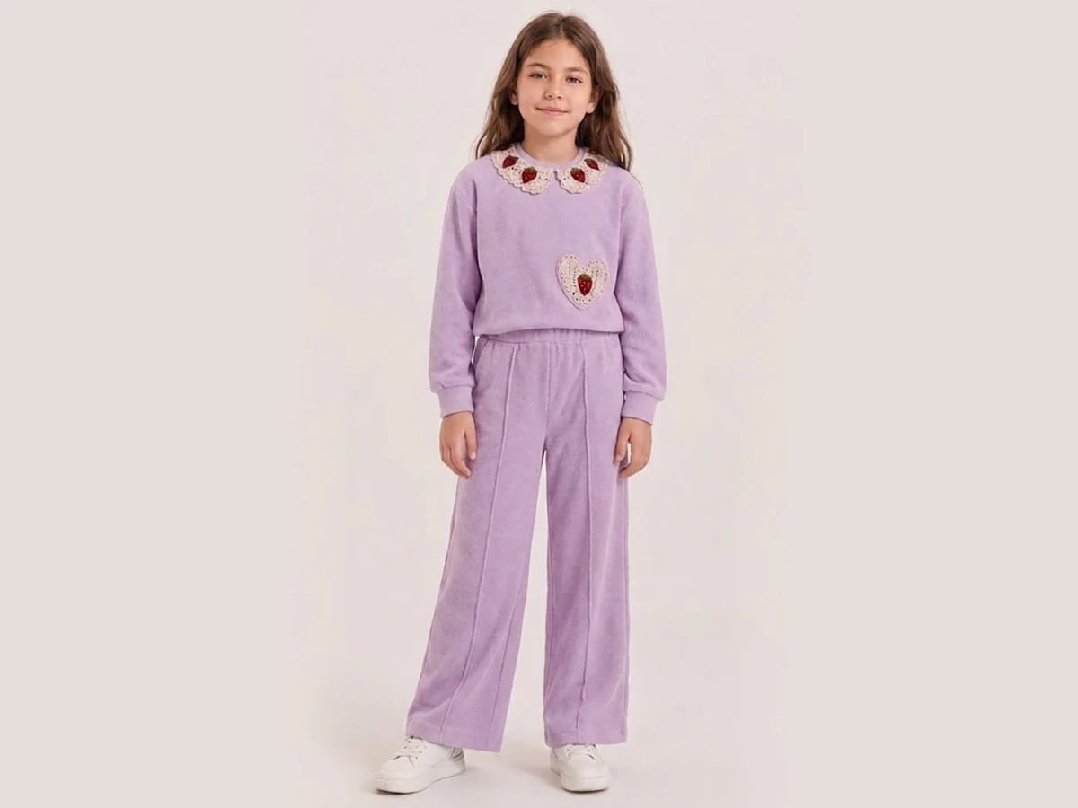 Girls' Strawberry Lace Crochet Knit Sweatshirt and Trousers Set - Lavender - Bittos Kids - by Peralane