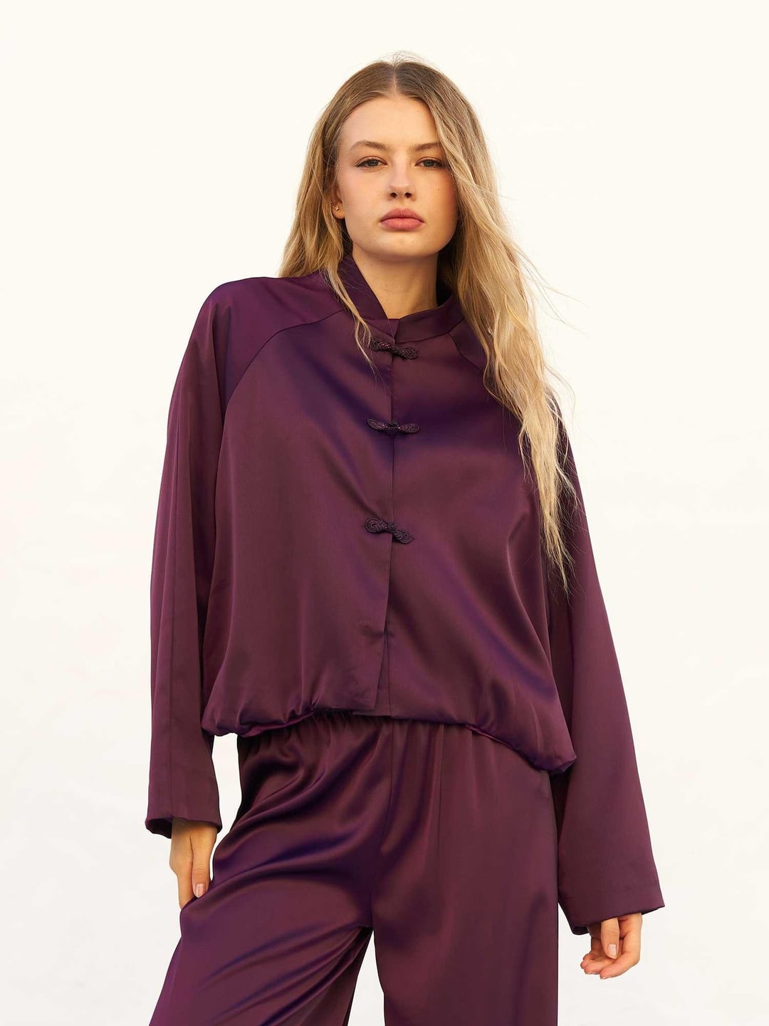 Plum Satin Bomber Jacket with Mandarin Collar - Lefon - by Peralane