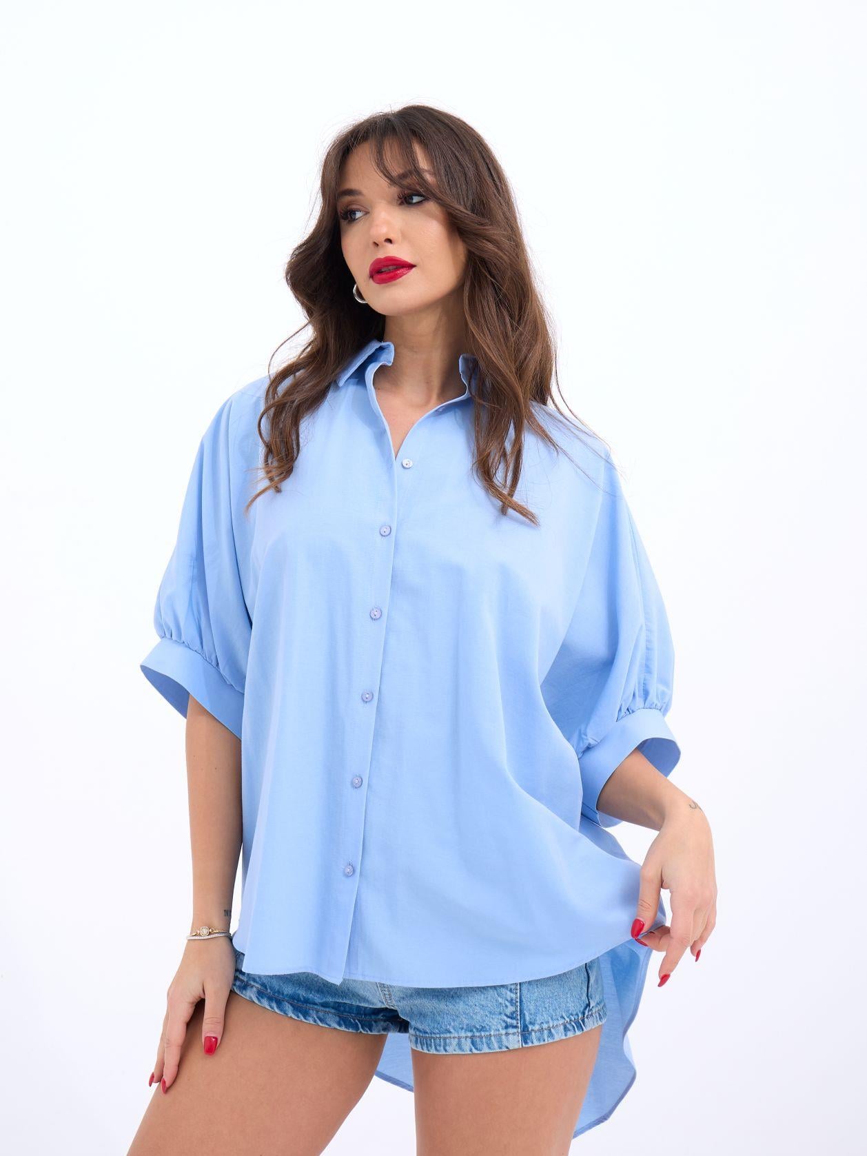 Light Blue Cotton Blend Short-Sleeve Blouse - Fame - by Peralane - photo 3