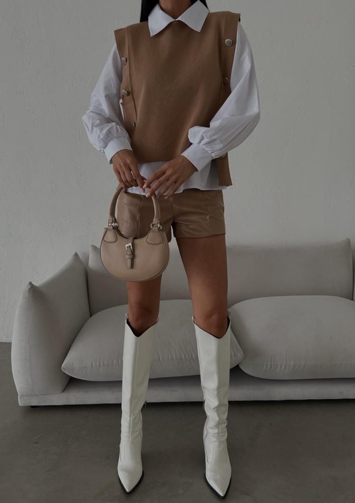 Camel Knit Vest and White Puffed-Sleeve Blouse Set for Women - My Bee - by Peralane