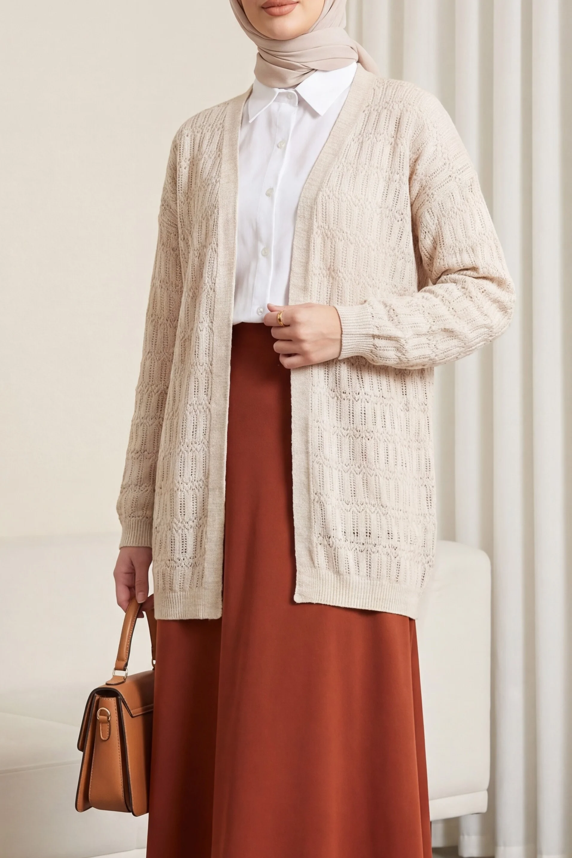 Open-Front Lace Pattern Cardigan in Stone - Women's Spring Cardigan - Podyumplus - by Peralane