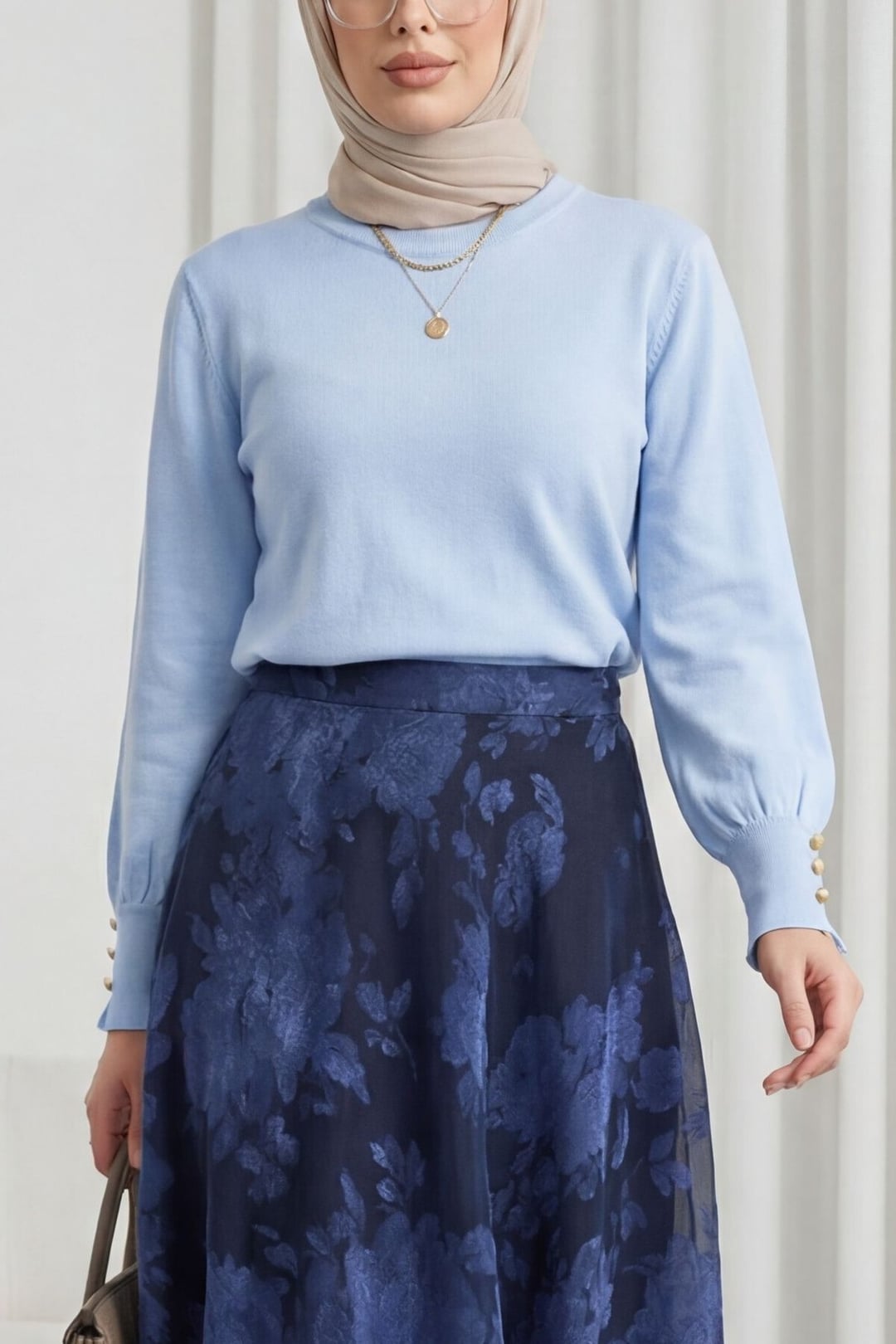 Round Neck Button Detail Knit Tunic - Baby Blue - Podyumplus - by Peralane