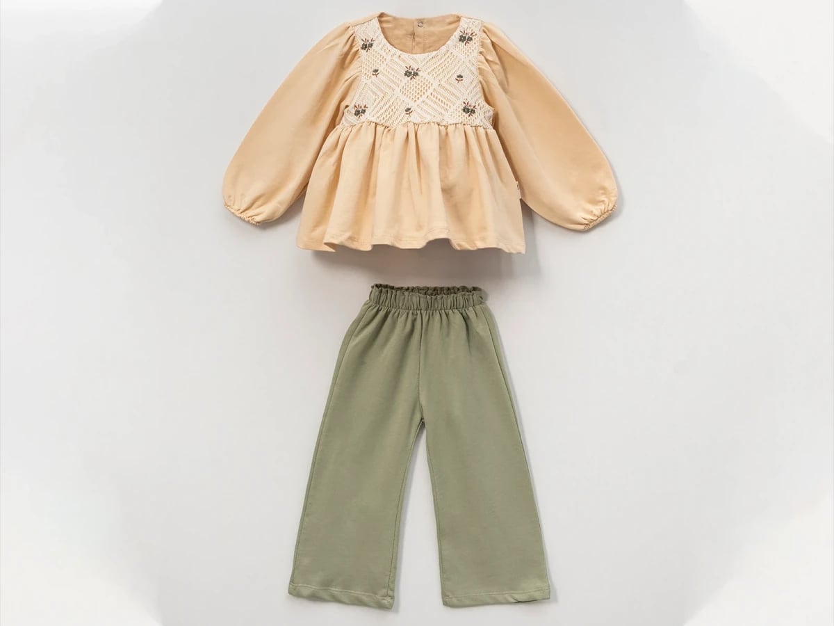 Girls' Two-Piece Top and Trousers Set with Floral Embroidery - Sage Green - Vovido - by Peralane