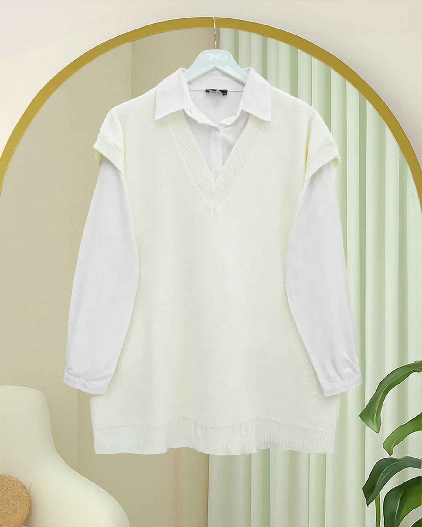 V-Neck Oversize Knit Sweater Vest - Ecru - Podyumplus - by Peralane - photo 3