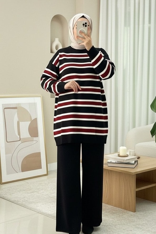 Black Striped Knit Sweater and Wide-Leg Trousers Set - Podyumplus - by Peralane