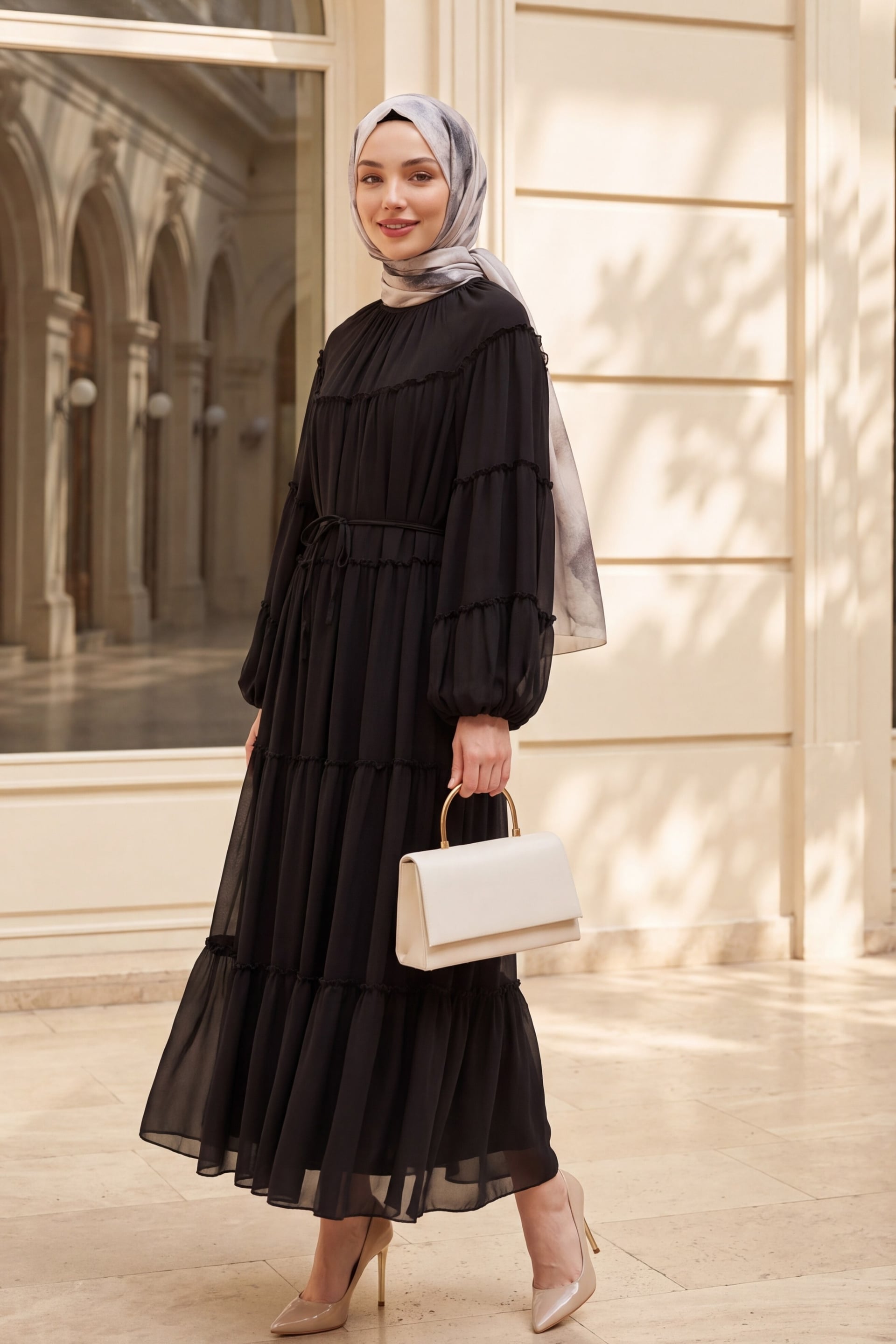 Ruffled Tie-Belt Long Dress with Bishop Sleeves - Dark Brown - Podyumplus - by Peralane - photo 3