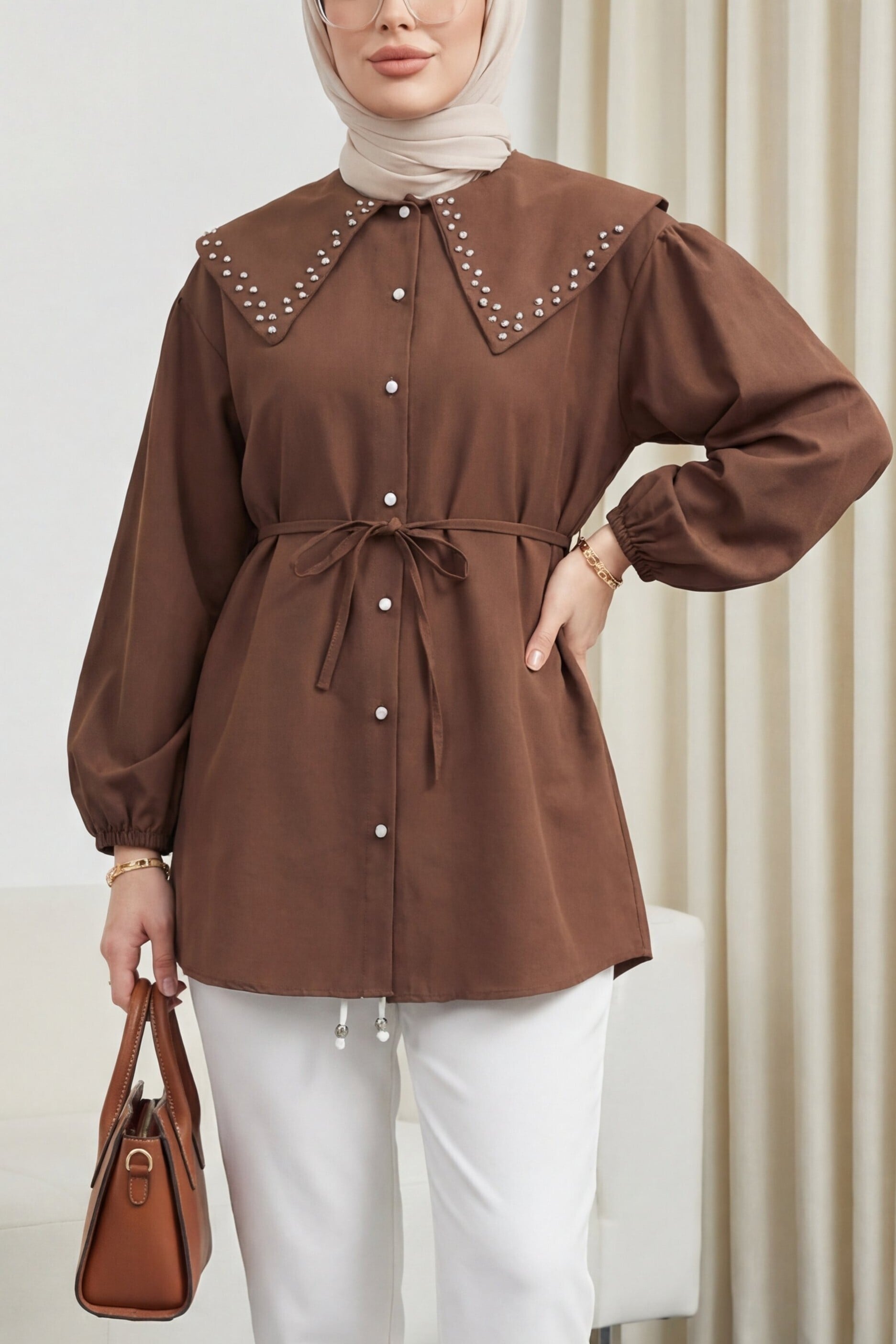 Wide Collar Studded Long-Sleeve Tie-Front Blouse - Brown - Podyumplus - by Peralane - photo 3