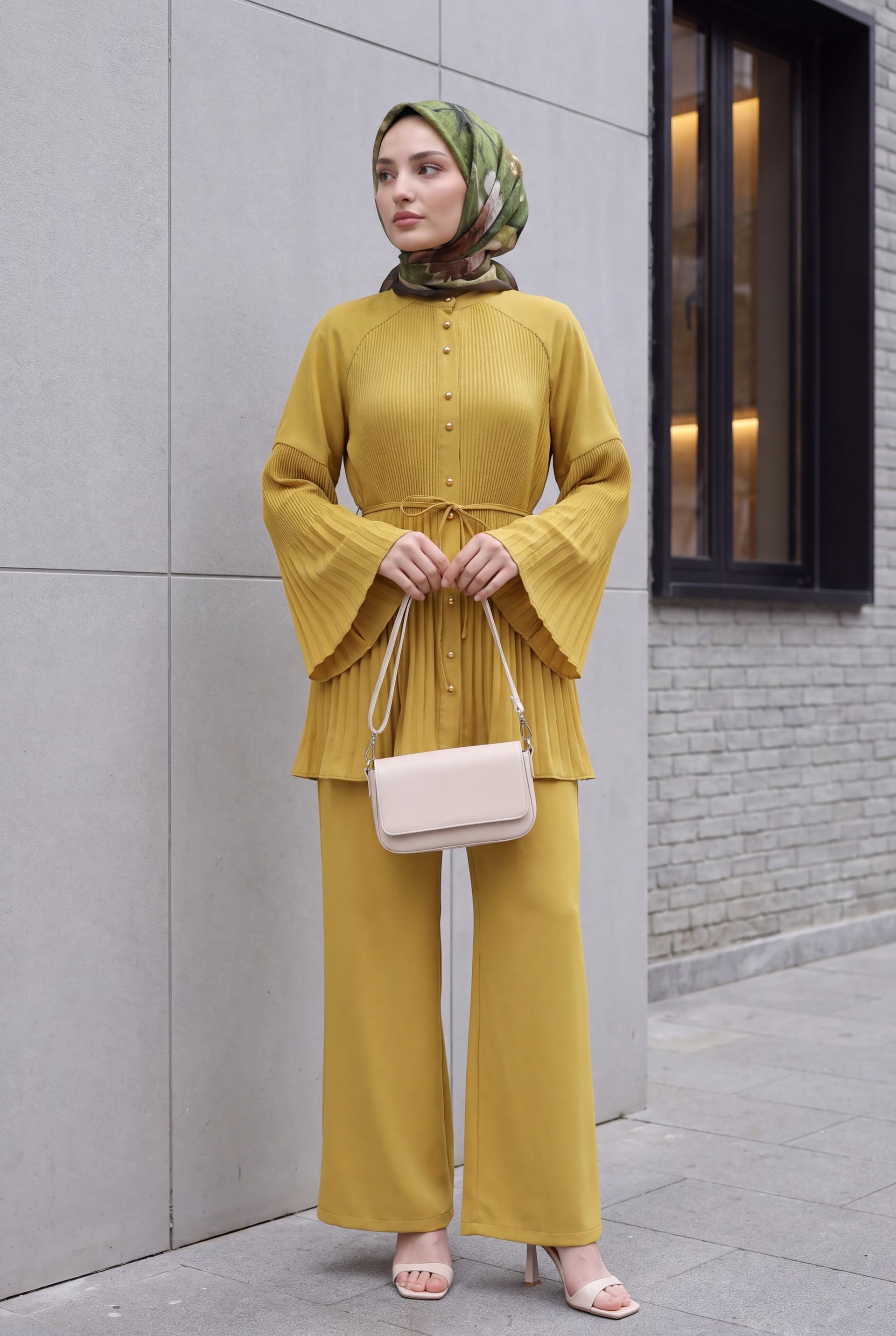 Pleated Mandarin Collar Buttoned Crepe Two-Piece Set - Oil Green - Podyumplus - by Peralane - photo 4