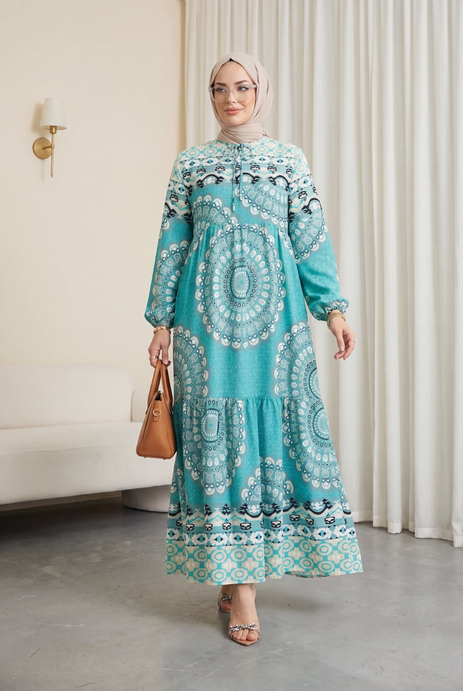 Mint Mandala Print Tie Neck Long Sleeve Tiered Dress - Podyumplus - by Peralane