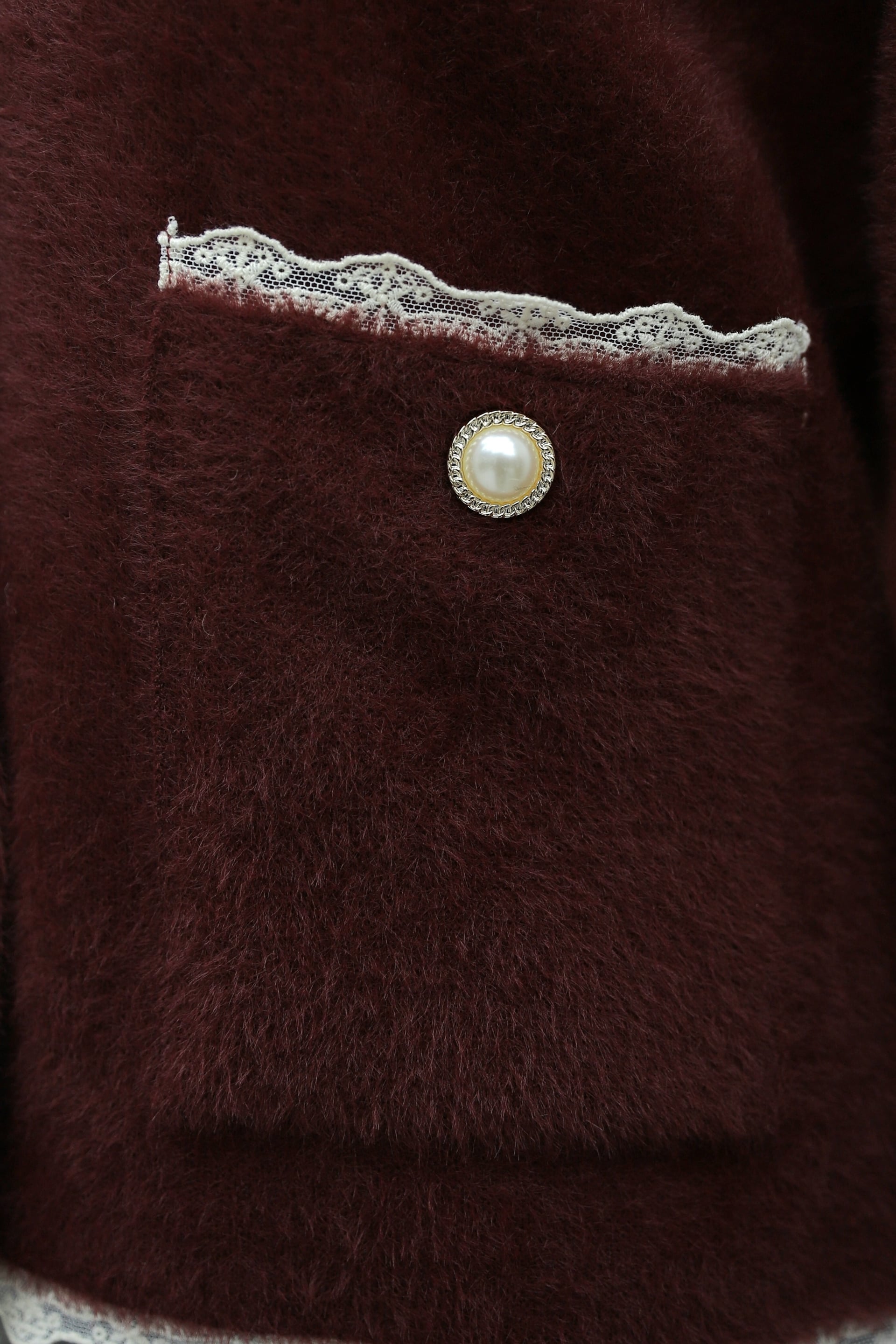Burgundy Lace Trim Pearl Button Cardigan - Podyumplus - by Peralane - photo 7