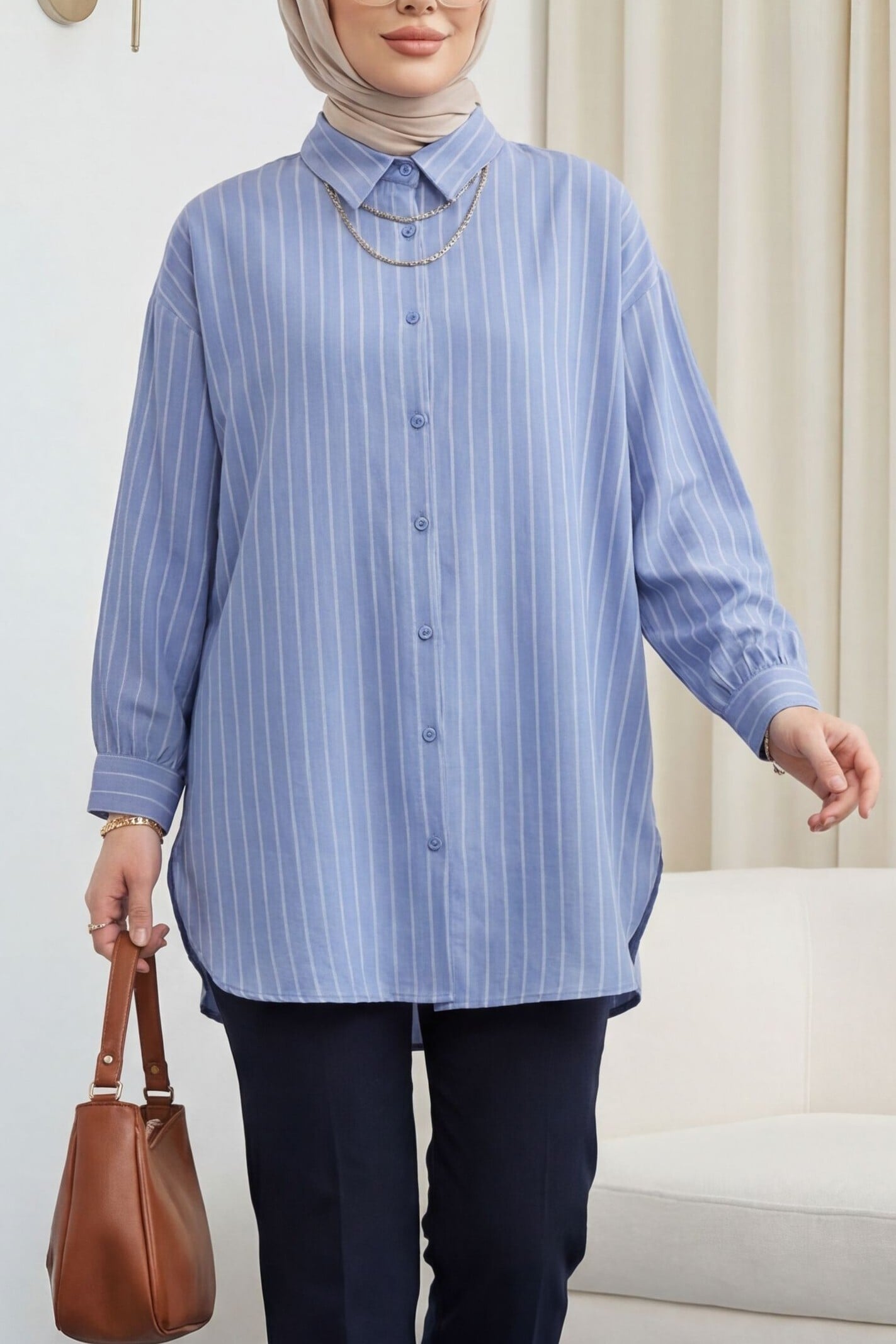 Striped Side-Slit Oversized Linda Tunic - Ice Blue - Podyumplus - by Peralane - photo 4