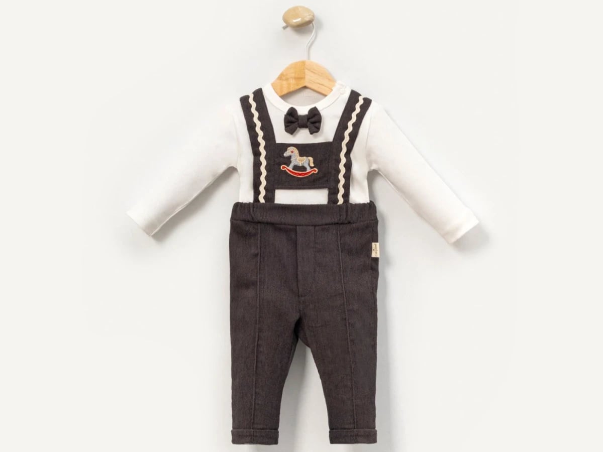 Embroidered Rocking Horse Corduroy Baby Overalls Set - Smoke - Cayzen - by Peralane