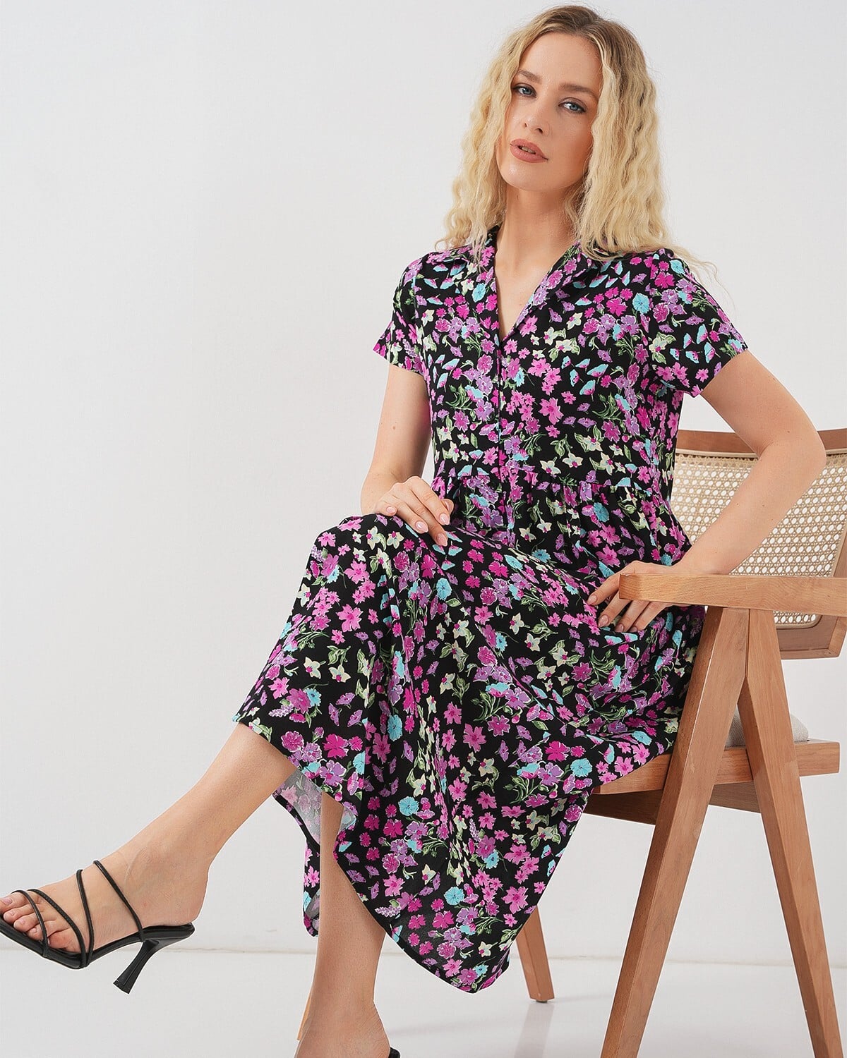 Women's Floral Print Short Sleeve Button-Front Midi Dress - Black - Bigdart - by Peralane - photo 3