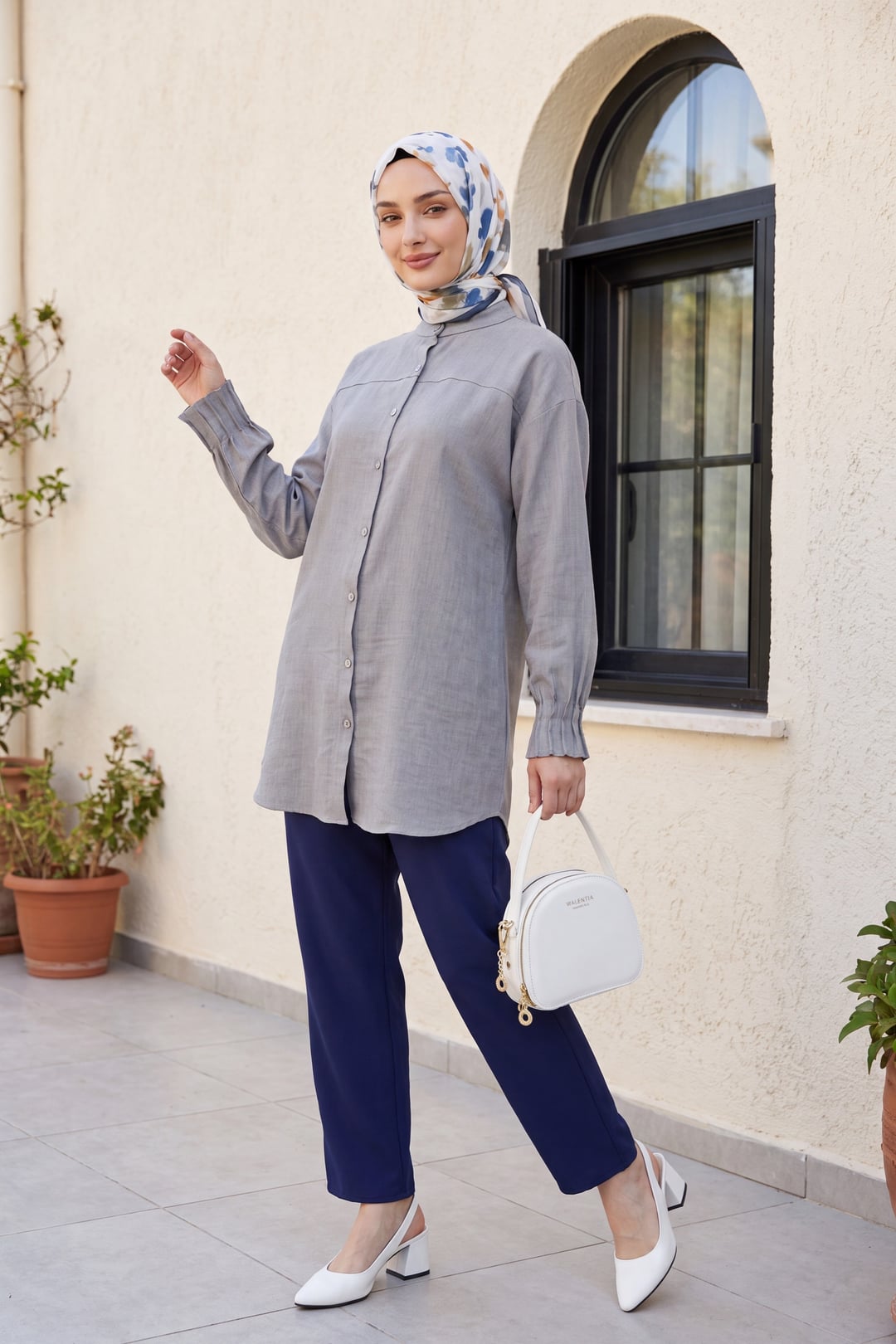 Oval Cut Shirt with Draped Cuffs - Grey - Podyumplus - by Peralane - photo 6