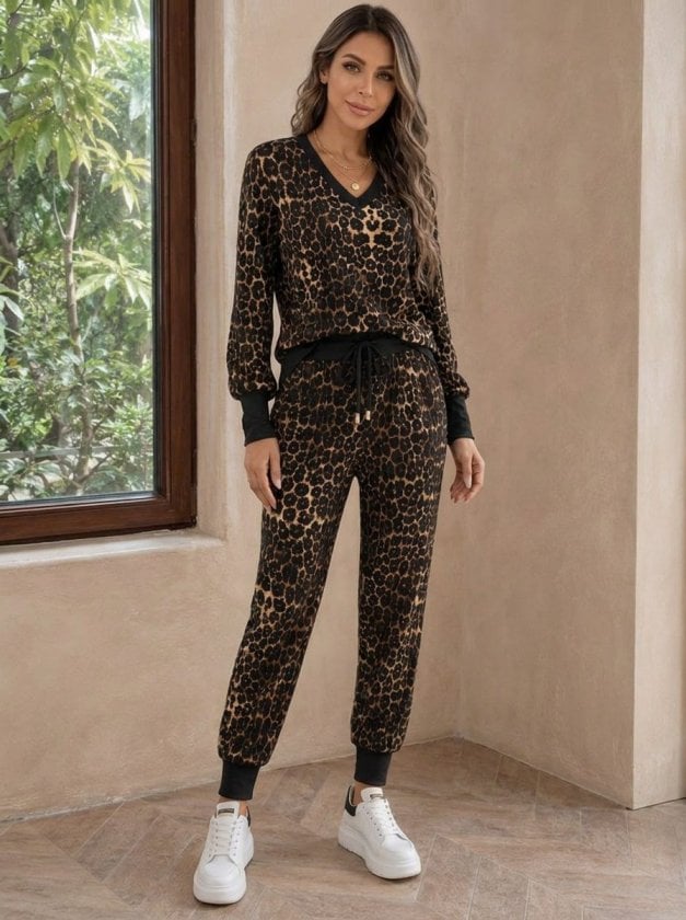 Women's Long Sleeve V-Neck Leopard Print Two-Piece Lounge Set with Drawstring Pants - Janes - by Peralane - photo 2