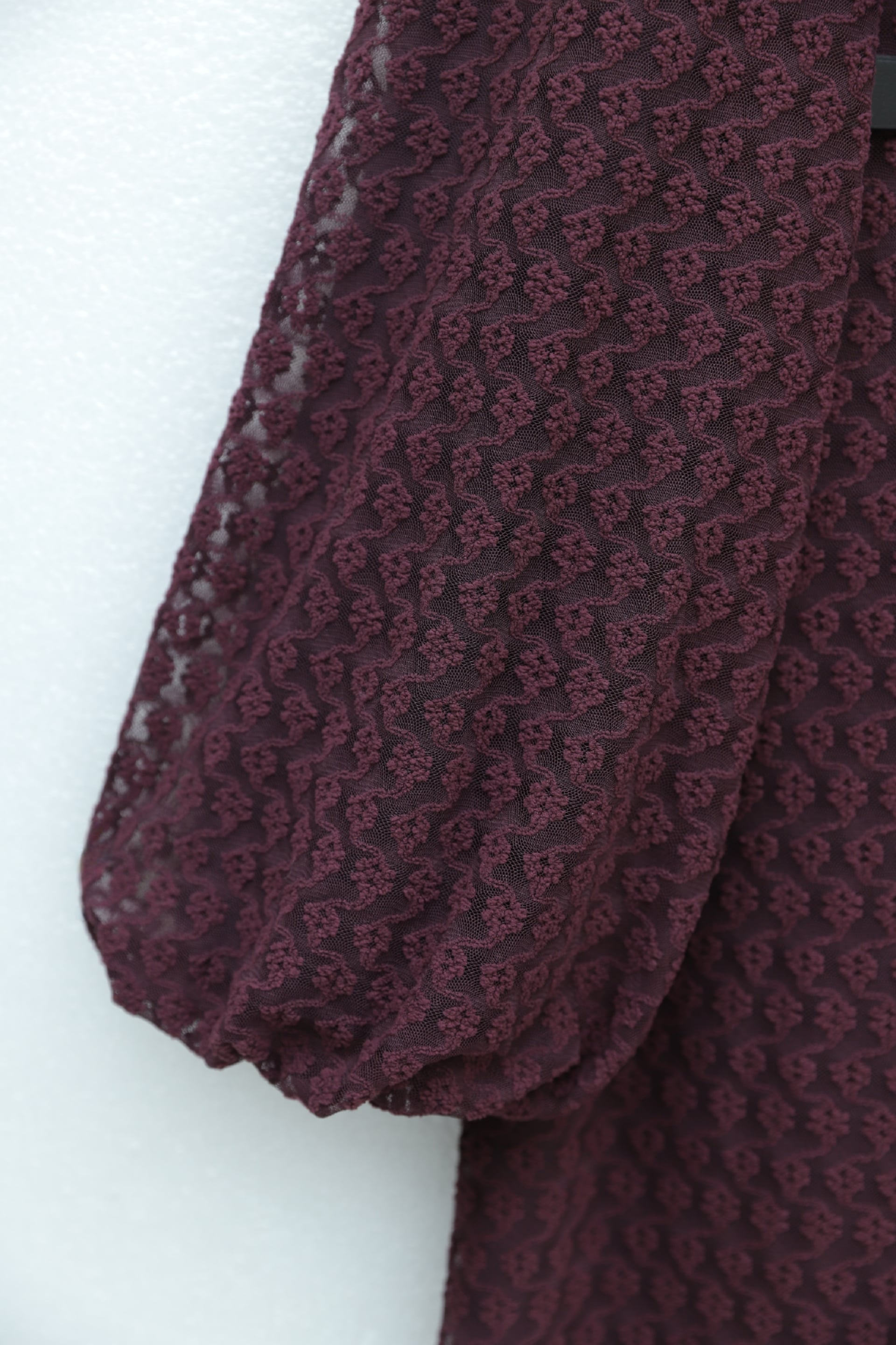 Burgundy High Neck Balloon Sleeve Belted Lined Lace Dress - Podyumplus - by Peralane - photo 4