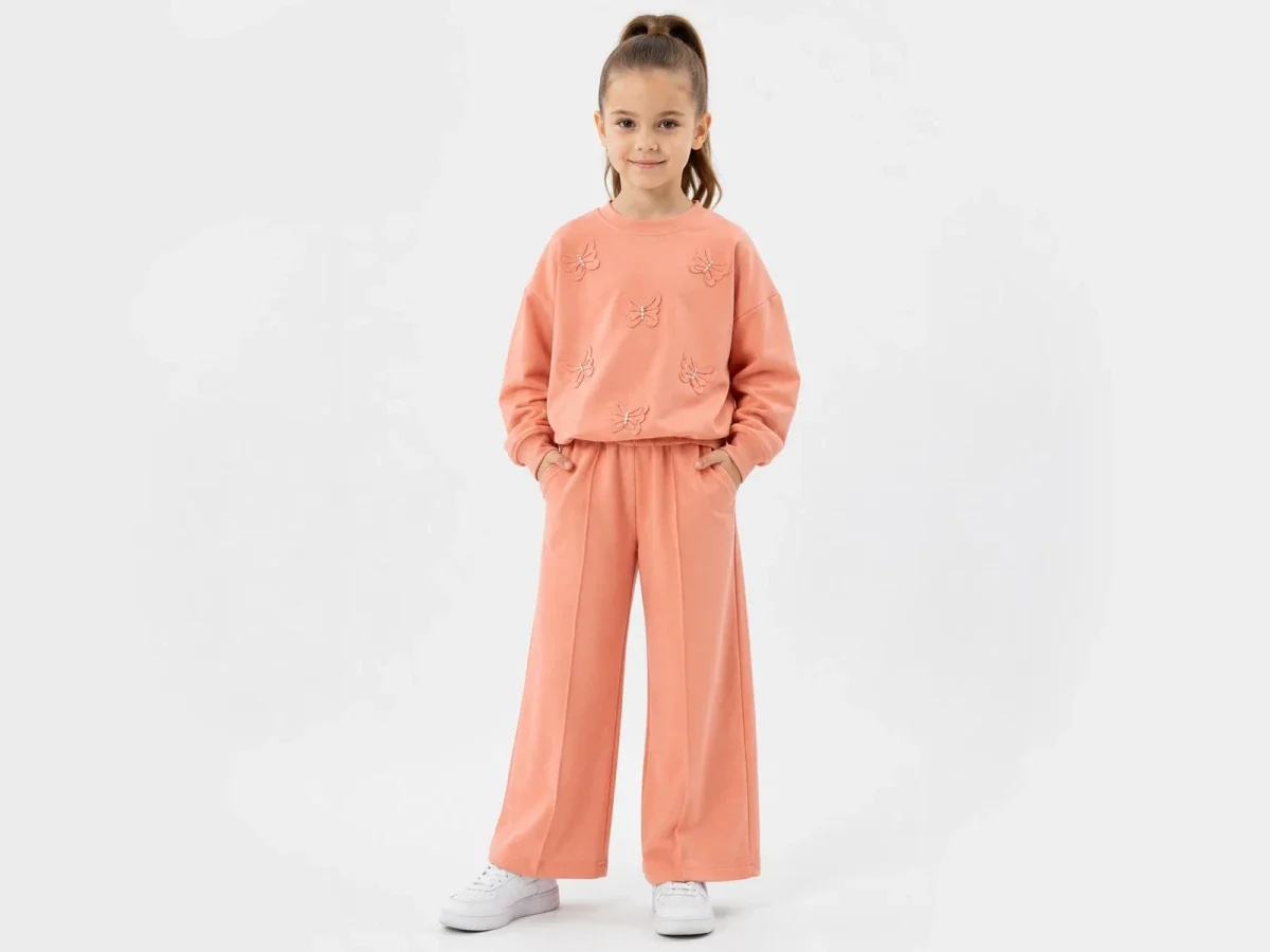 Girls' Butterfly Embroidered Sweatshirt and Wide-Leg Trousers Set - Peach - Incilay - by Peralane